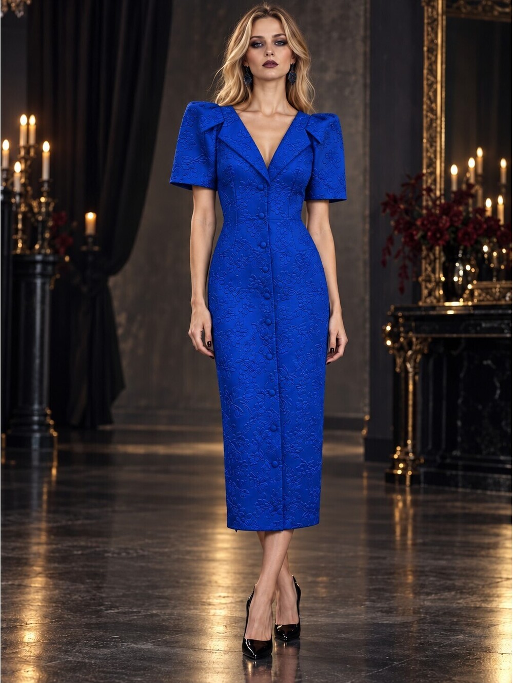 Badgley Mischka Cobalt Blue Floral Jacquard Sheath Midi Dress Sz 4 NWT Modest